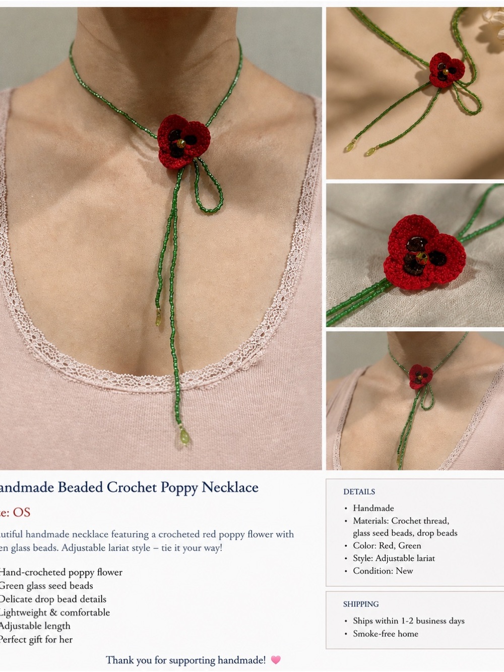 Handmade Red Crochet Poppy Necklace with Green Beaded Lariat